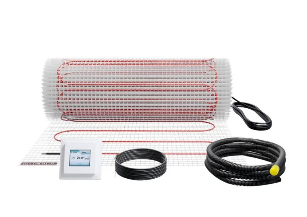 STIEBEL ELTRON Fußbodentemperierung FTM 160/1.5 Set Plus mit weißem Thermostat, Heizmatte und schwarzem Kabel.